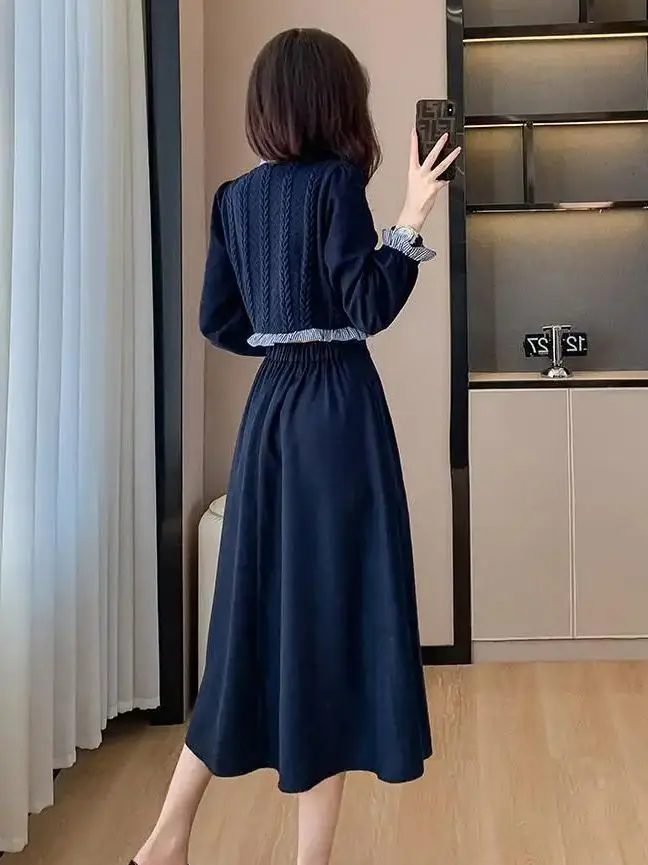 2 P Set Ruffles Knitted Splicing Shirt Top + A-Line Midi Skirts 2024 Autumn Fashion Two Pieces Set Korean Women Vintage Elegant