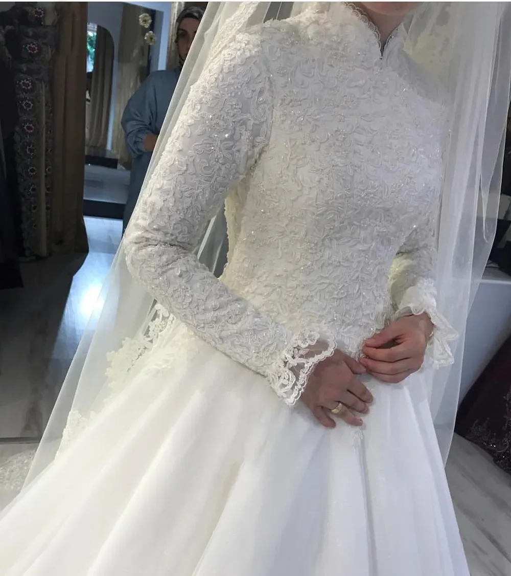 Vestido De novia blanco, árabe, musulmán, Princesa, cuello alto, manga larga, apliques De encaje, Túnica De novia, 2023