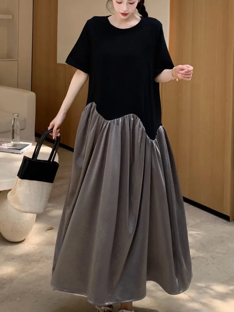 Verano plisado negro Vintage camiseta vestido mujer moda coreana manga corta suelta Casual Vestidos largos de mujer ropa Vestidos