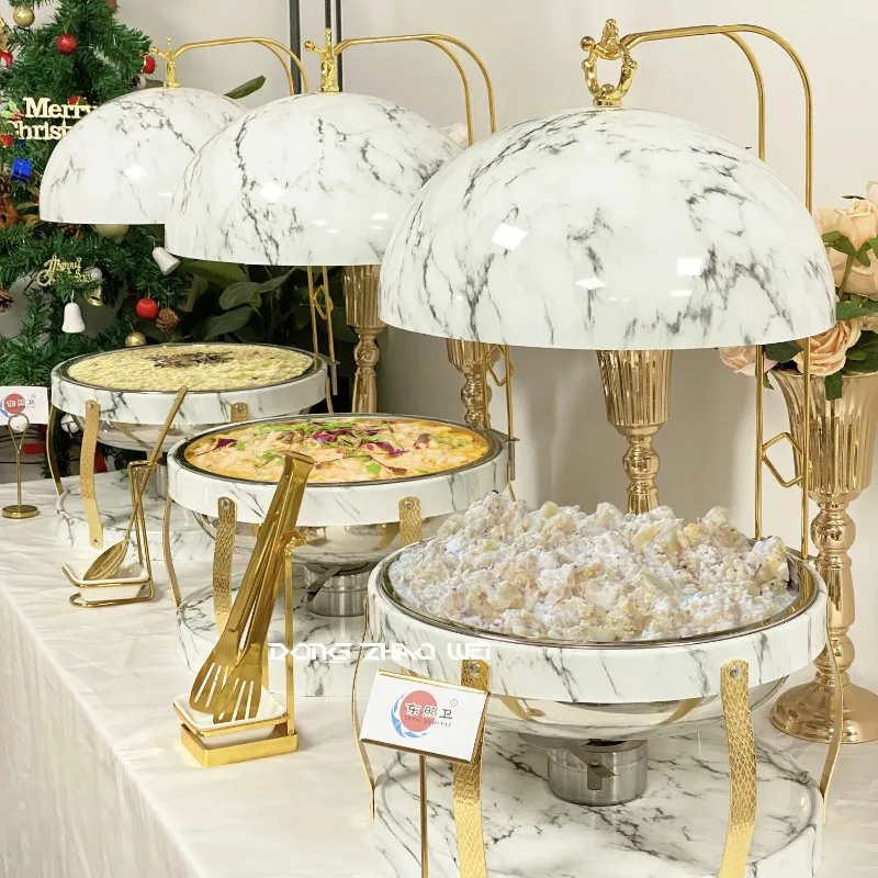 

Hotel Wedding Buffet Equipment Luxury Gold Heated Food Heater Chef Round Hanging Hot Pot Dining Restaurant
