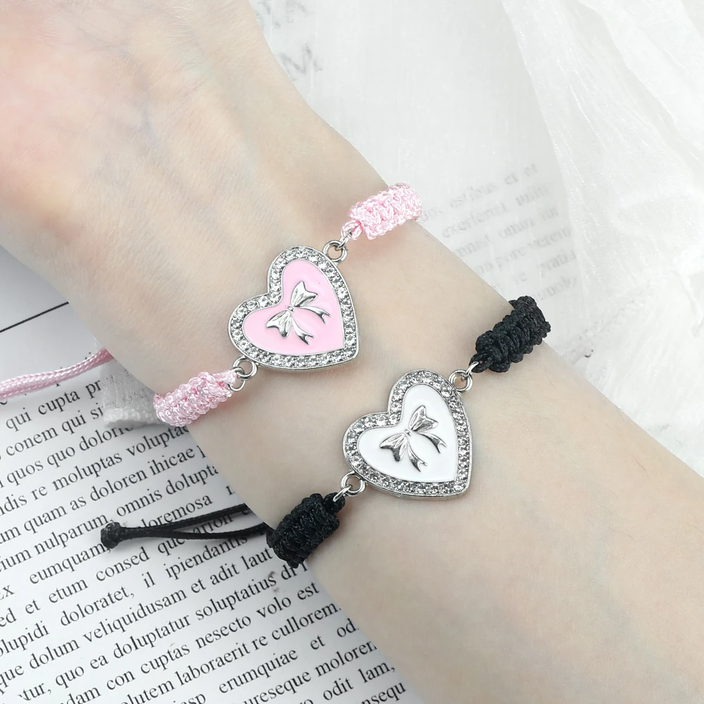 Romantic Bowtie Heart Shape String Bracelet Red White Black Handmade Braided Bracelets & Bangles Women Sweet Jewelry Couple Gift