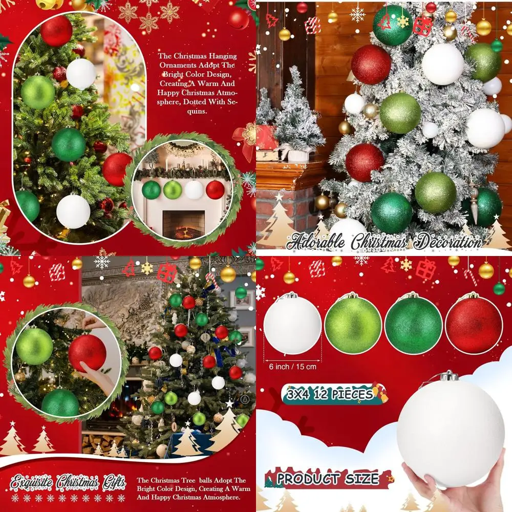 

Large 6 Inch Christmas Ball Ornaments, Glitter Extra Large Xmas Balls with Hanging Loop, Red, Green, White for Holiday Party Dec