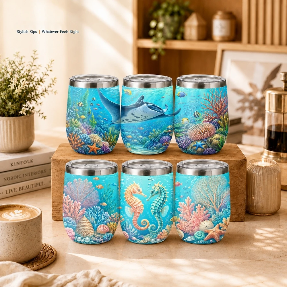 Blue marine organisms Vacuum Flasks 12oz Insulated Wine Tumbler Vacuum Coffee Mug Egg Shaped Thermos