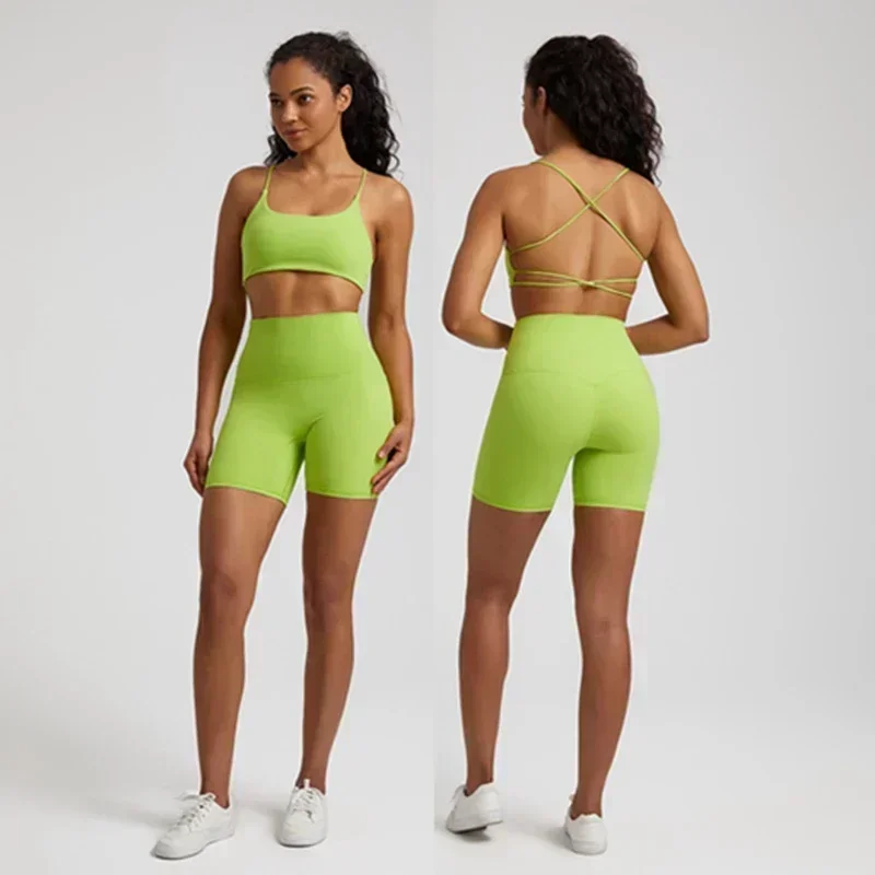 Conjunto de Yoga y gimnasio para mujer, traje deportivo de entrenamiento para mujer, Legging corto de cintura alta y sujetador cruzado para Fitness, 2 uds. Con almohadilla para el pecho