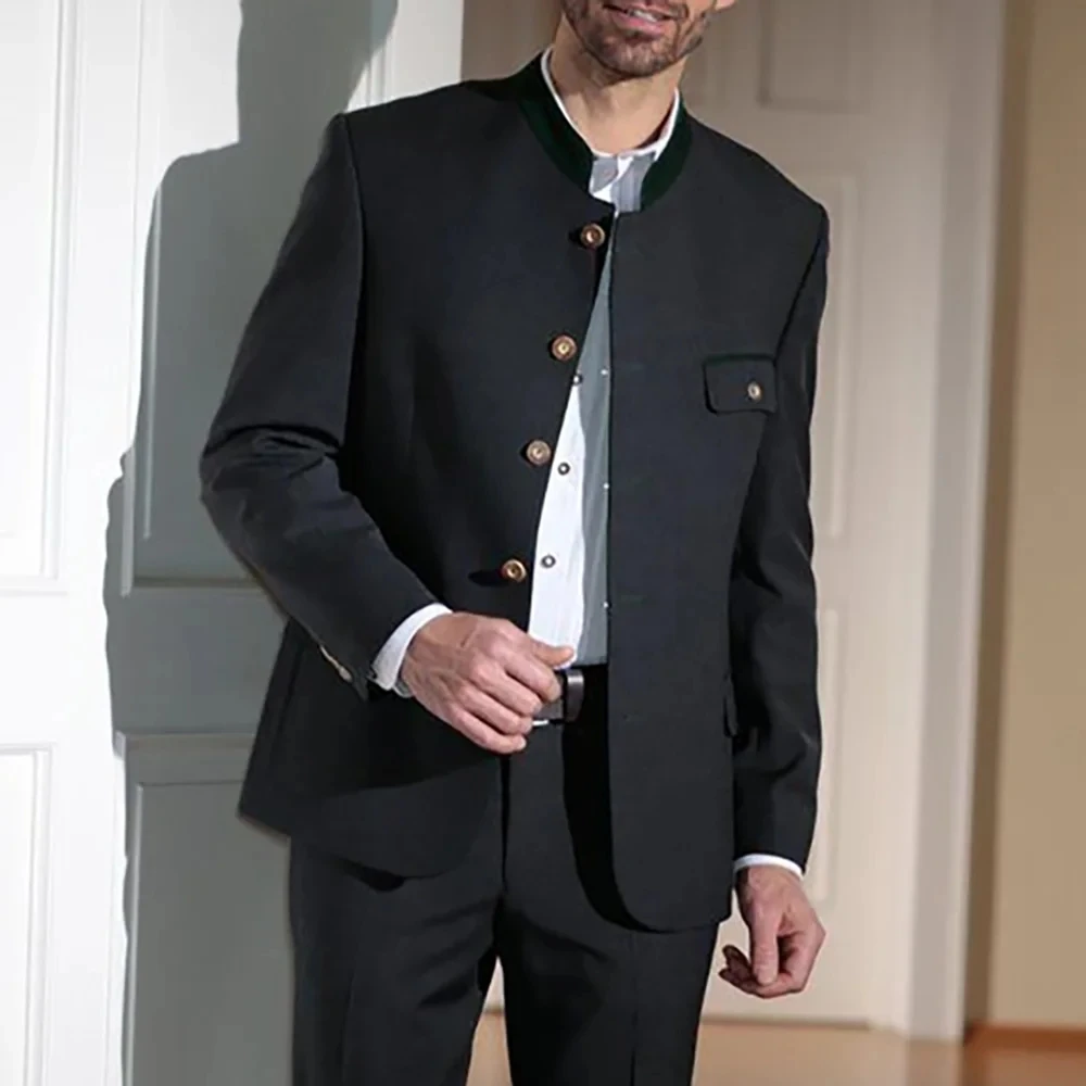 

Fashion Black Men Suits Single Breasted Stand Collar Pieces Jacket+Pants Casual Party Prom Wedding Groom Daily Custom Outfits