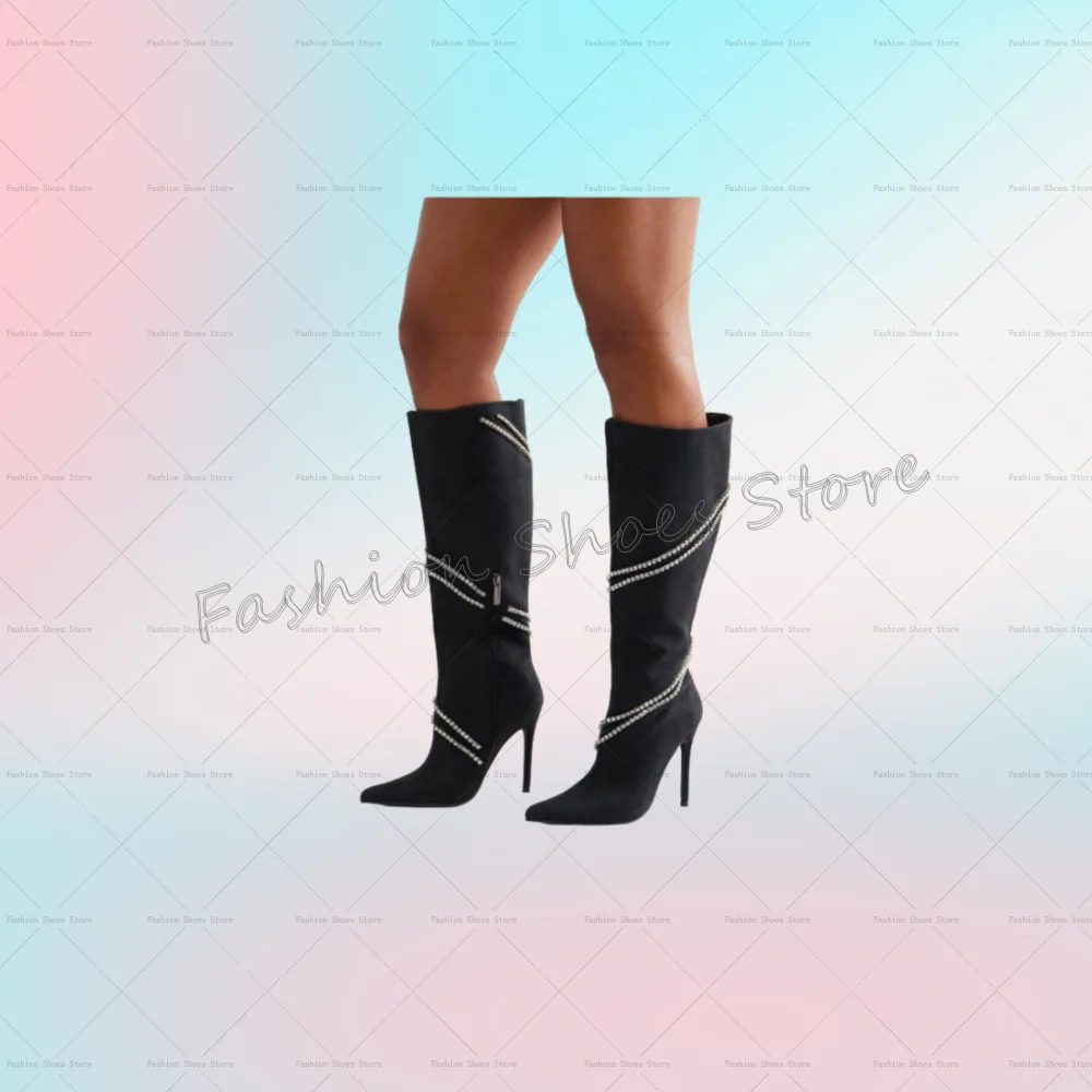 

Черные ботинки с острым носком и боковой молнией с кристаллами, женская обувь из матовой кожи, женская обувь на тонком высоком каблуке, вечерние, банкетные, свидания, 2025 Zapatos Para Muj