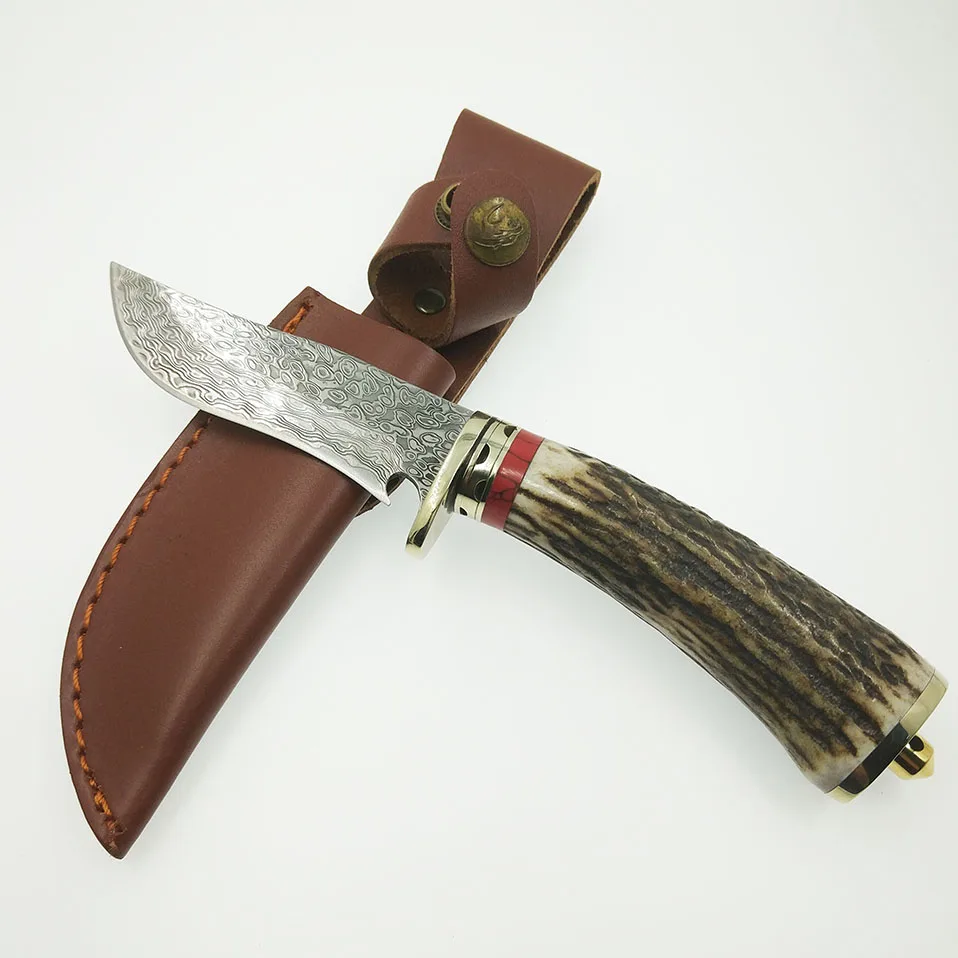 Handmade Damascus Steel Antlers Horn Handle Straight Fixed Blade Tactical Hunting Knife Camping