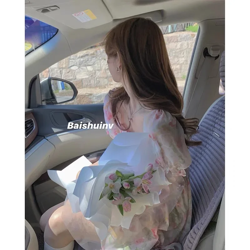 Vestido De gasa para Mujer, Vestidos De Mujer 2023, cintura delgada, dulce Floral, elegante bata De verano para Mujer, Vestidos De manga abombada con cuello cuadrado