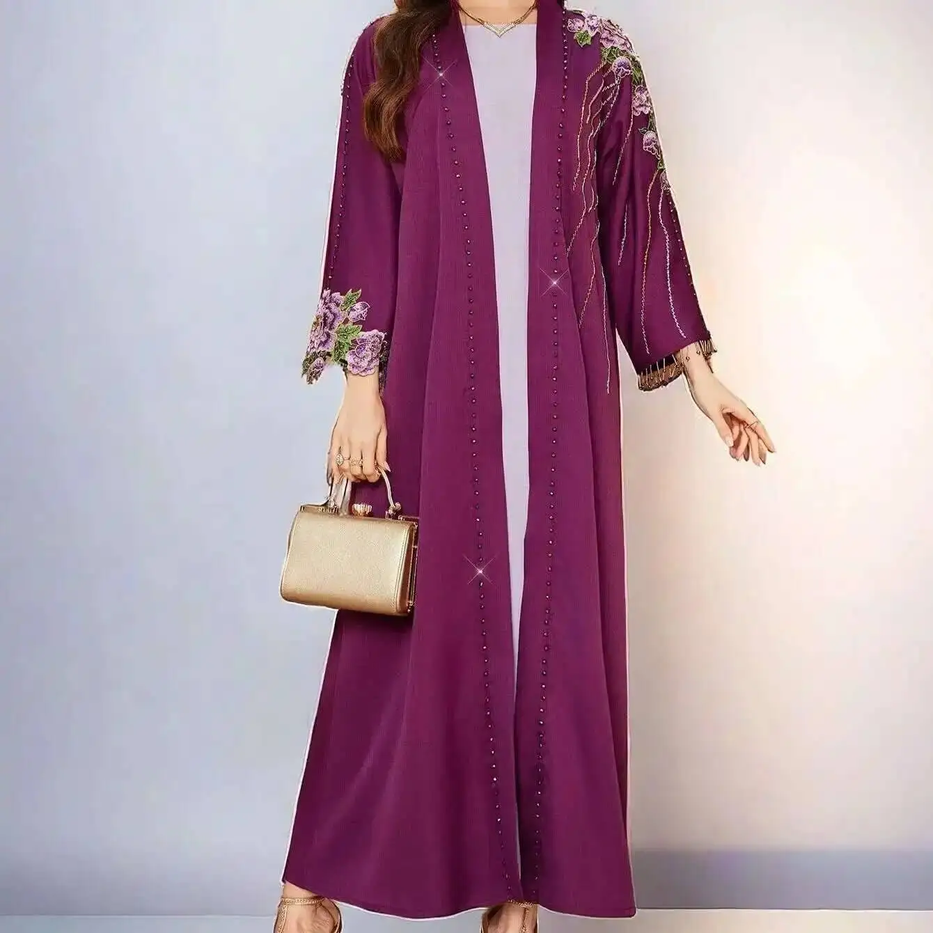 

Ba5020 Arab Dubai Fashion Elegant Embroidered Beaded Cardigan Robe Long Dress Robe Abaya Ramadan Dubai Luxury Islam Elegant