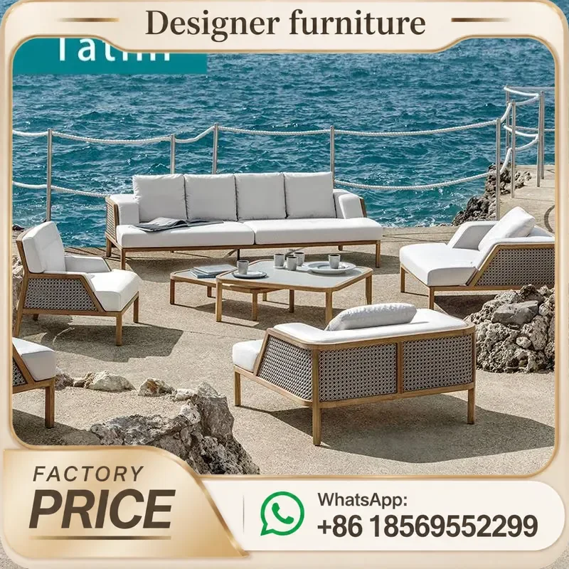 Outdoor Teak Sofa Set Waterproof Rope Weaving Wooden Furniture For Villa Patio Balcony Garden Hotel All Weather