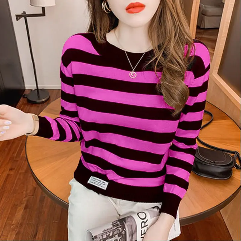 

Women's Round Neck Korean Knit Stripe Sweater Long Sleeve Pullover Casual Autumn Winter Tops