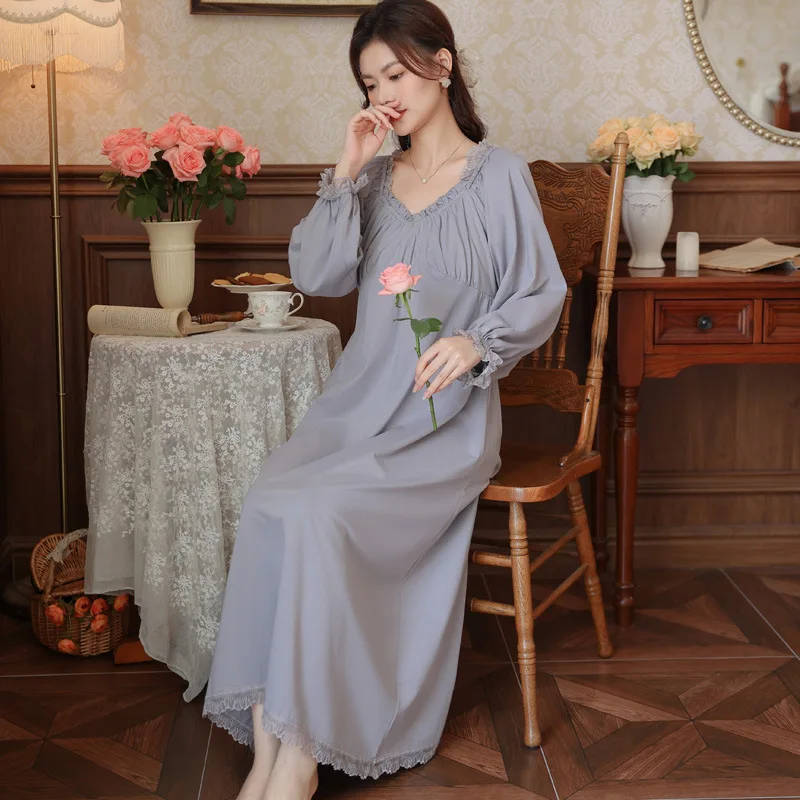 

Women Autumn Full Sleeves Cotton Nightwear French V-neck Long Mid-Calf Nightdress Casual Loose Design Loungewear Solid Nightie