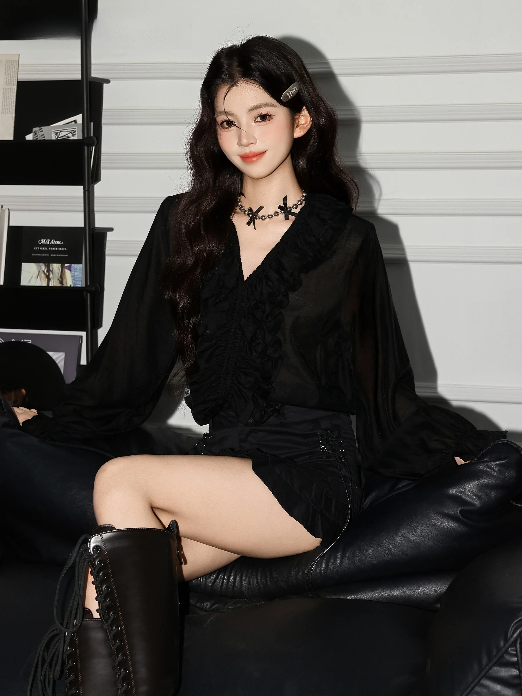 

La Chapelle Bla V-ne Long Sve Женский уникальный маленький топ, модный, ранняя осень, свободный крой из полиэфирного волокна