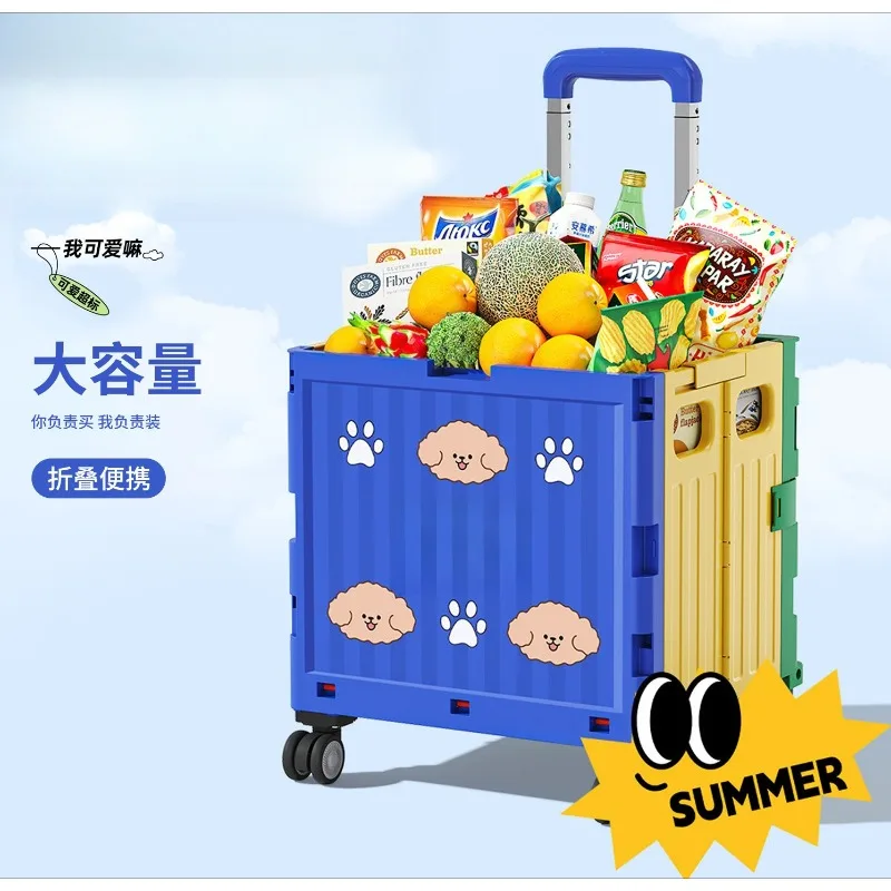 Cartoon Dog Foldable Shopping Cart, Portable Hand Trolley for Grocery, Parcel, Picnic and Stall Use