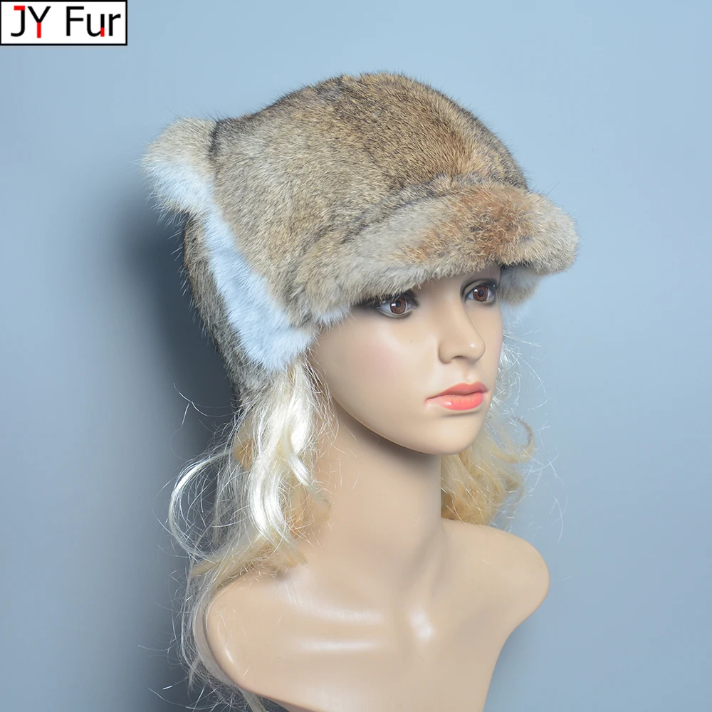 

Rabbit Fur Hats for Women Winter Warm Solid Genuine Luxury Fur Cap High Quality Female Fur Hat with Tail Cute Girls Cat Hats