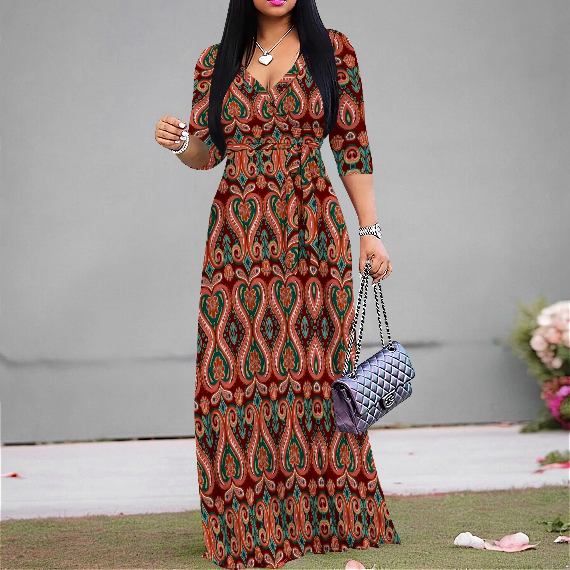 

Boho Floral Long Dress Women's 2025 New Arrival V-Neck Beach Vacation Party Dress S-3XL