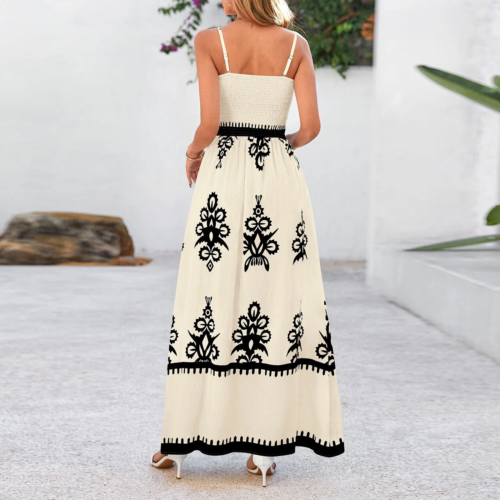 Mode retro bedrukte bohemien jurk voor dames Losse veelzijdige strandjurk Jarreteljurken met verstelbare riem Losse lange jurken