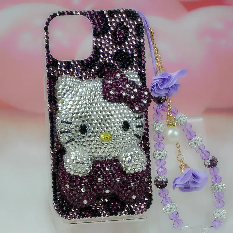 Handmade Rhinestone Phone Case for iPhone, Leopard Print, Hello Kitty, 11, 12, 13, 14 Pro, XS Max, 8 Plus, 15