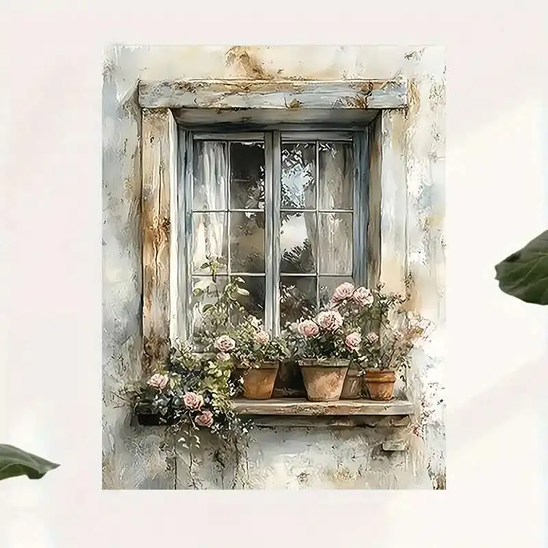 2D Flat, 2D Flat, 2D Flat 1pc Vintage Window Art Featuring Flower Pots, a Frameless Canvas Piece Ideal for Decorating Walls i
