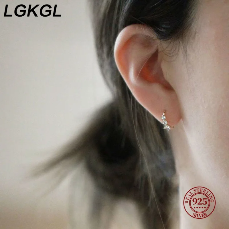 LGKGL S925 Sterling Silver Gold Plated Earrings for Women with Graduated Three Zircon Stones Micro-Paved Simulated Ear Cuff view 6