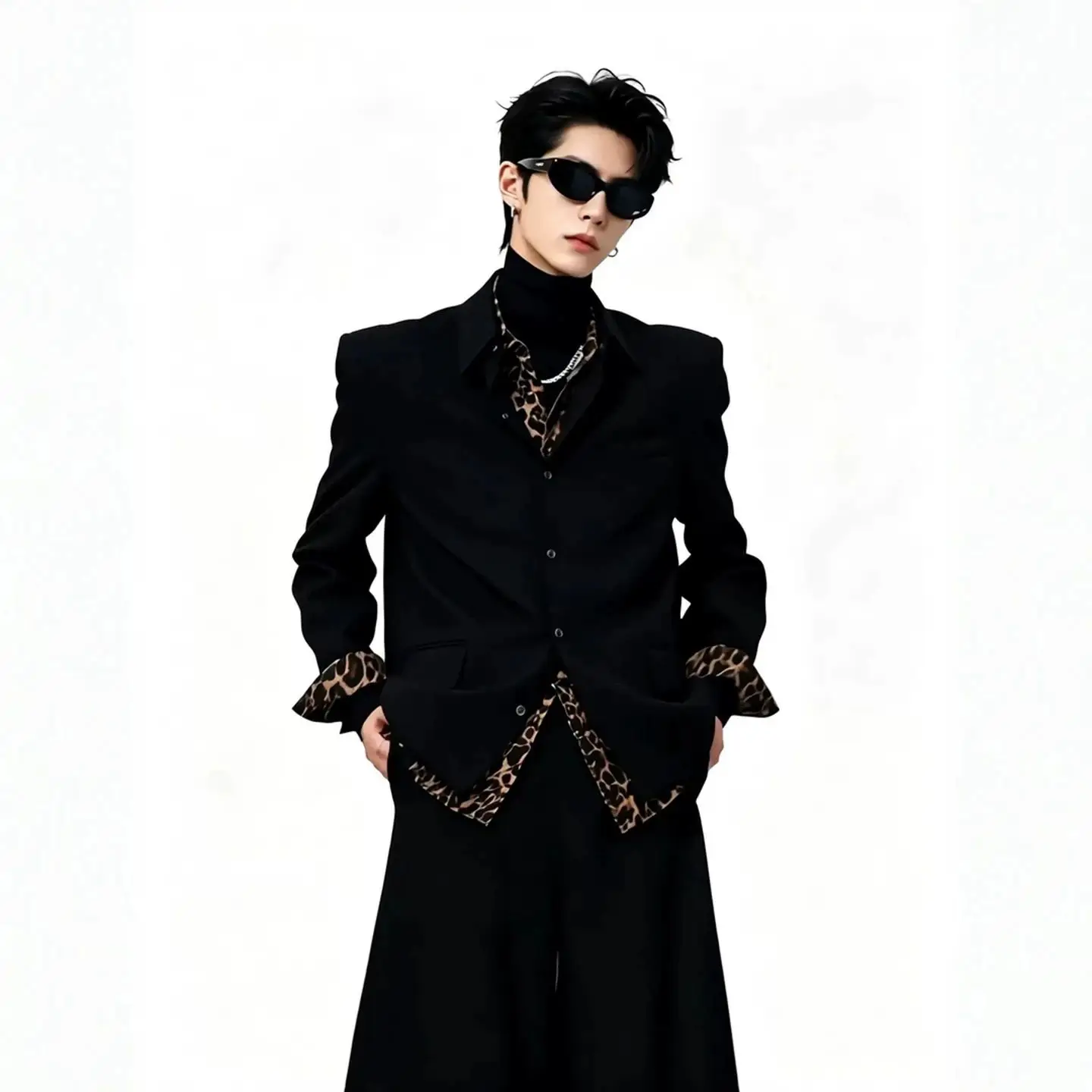 Fake Two Leopard Print Patchwork Black Social Men Long Sleeve Shirt Model High-end Stylish Jacket Vintage Clothing Streetwear