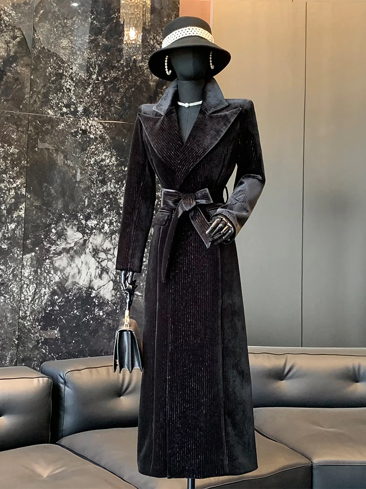 

Pigno 2025 Autumn Winter New Sle Women's Korean Version Coat Velvet Waist-Cinching Belted Over-Knee Windbreaker Bla S...