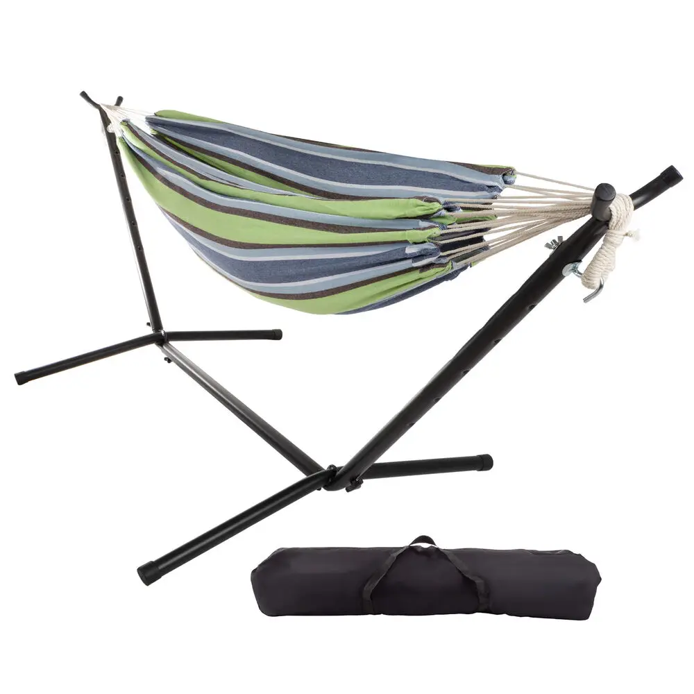 US- Hamaca con soporte Hamaca doble para 2 personas con bolsa de transporte, raya azul/verde