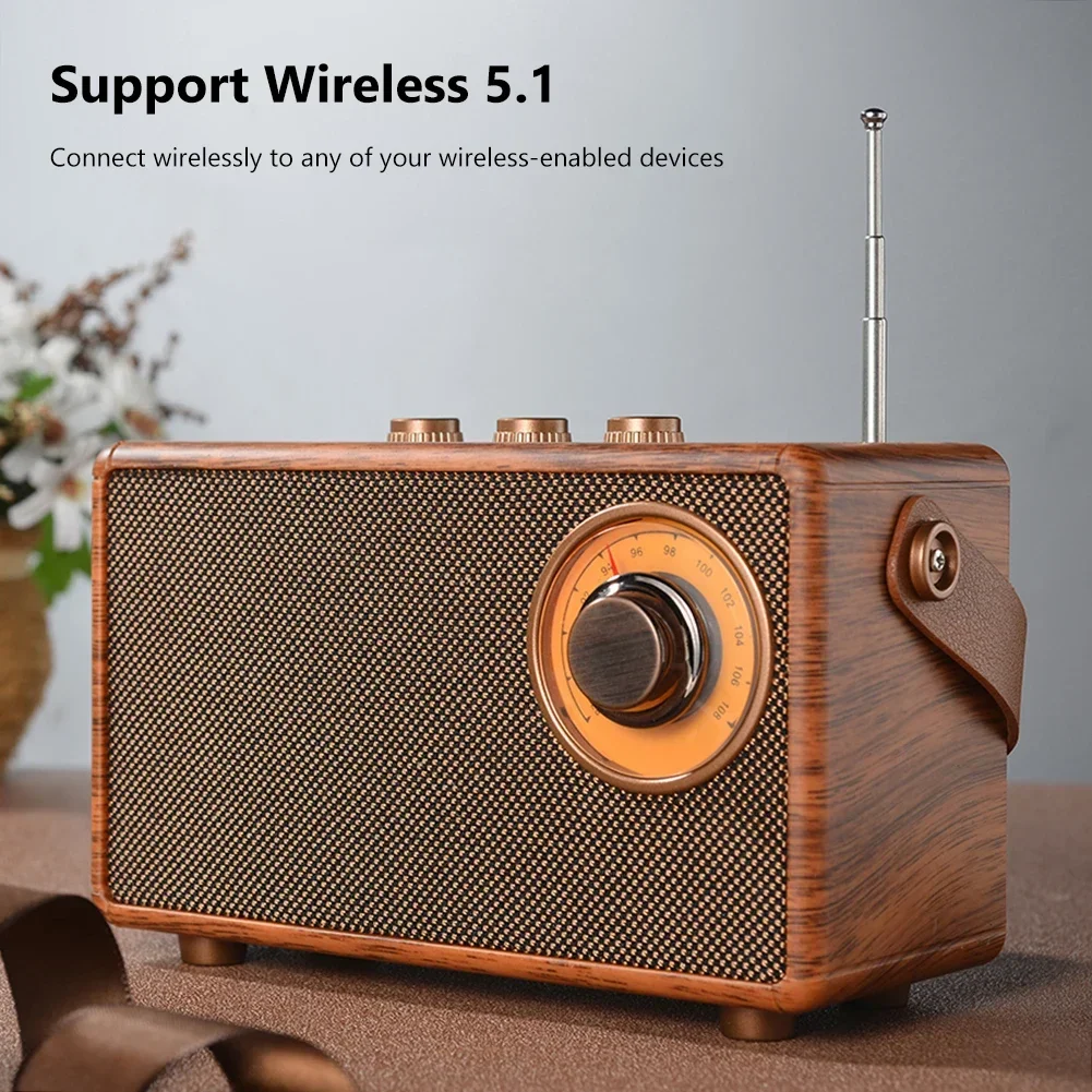 Portable FM Radio Retro Wooden Wireless Bluetooth Speakers Support U Disk Insert Tf Card Home Bedroom Bedside Table Decoration