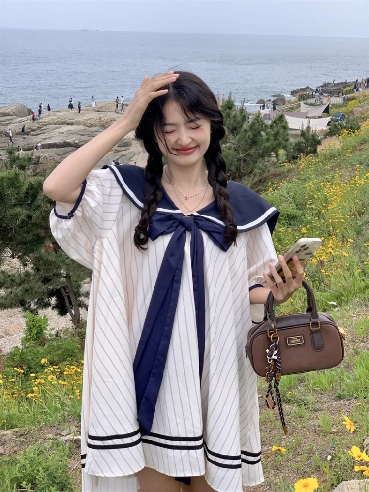 

Lolita Style Navy Collar Large Bow Tops Sweet Contrast Color Loose Oversize Long Shirts Puffy Sleeves Stripy Fashion Blouse