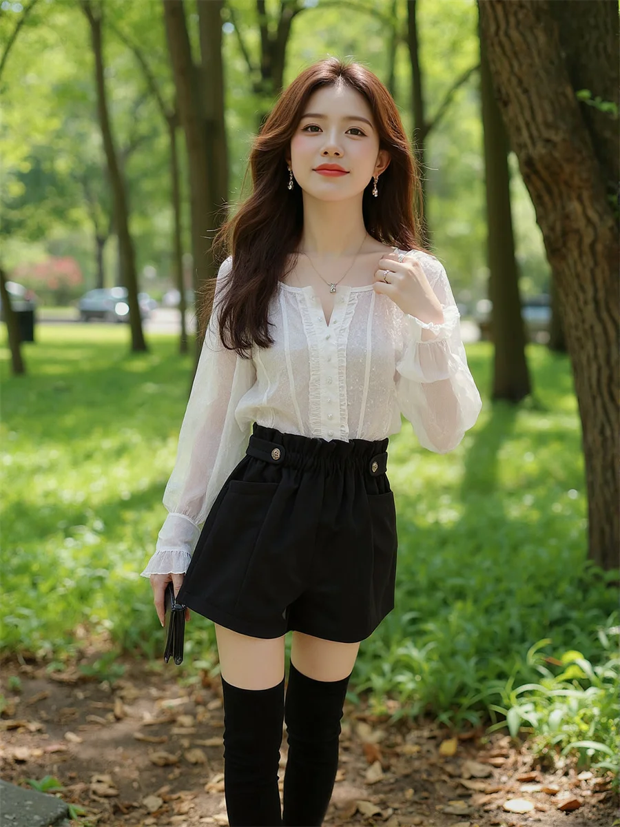 Pantaloncini a gamba larga in lana nera Abbigliamento sportivo coreano da donna Casual Baggy Oversize Palestra Corsa Sportiva per ragazze Elastico in vita Blu Moda