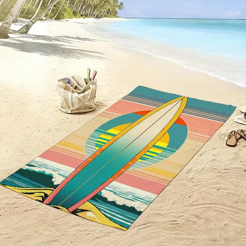 Stylish Retro Boho Sunset Beach Towel Surfboard Print Waterproof Outdoor Swimwear Accessory 80x160cm