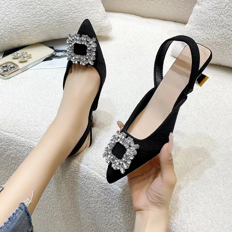 Women Baotou High Heeled Sandals Summer New Fashion Rhinestone Green Wedding Sequins Exposed Classic Baotou Back Empty Sandals