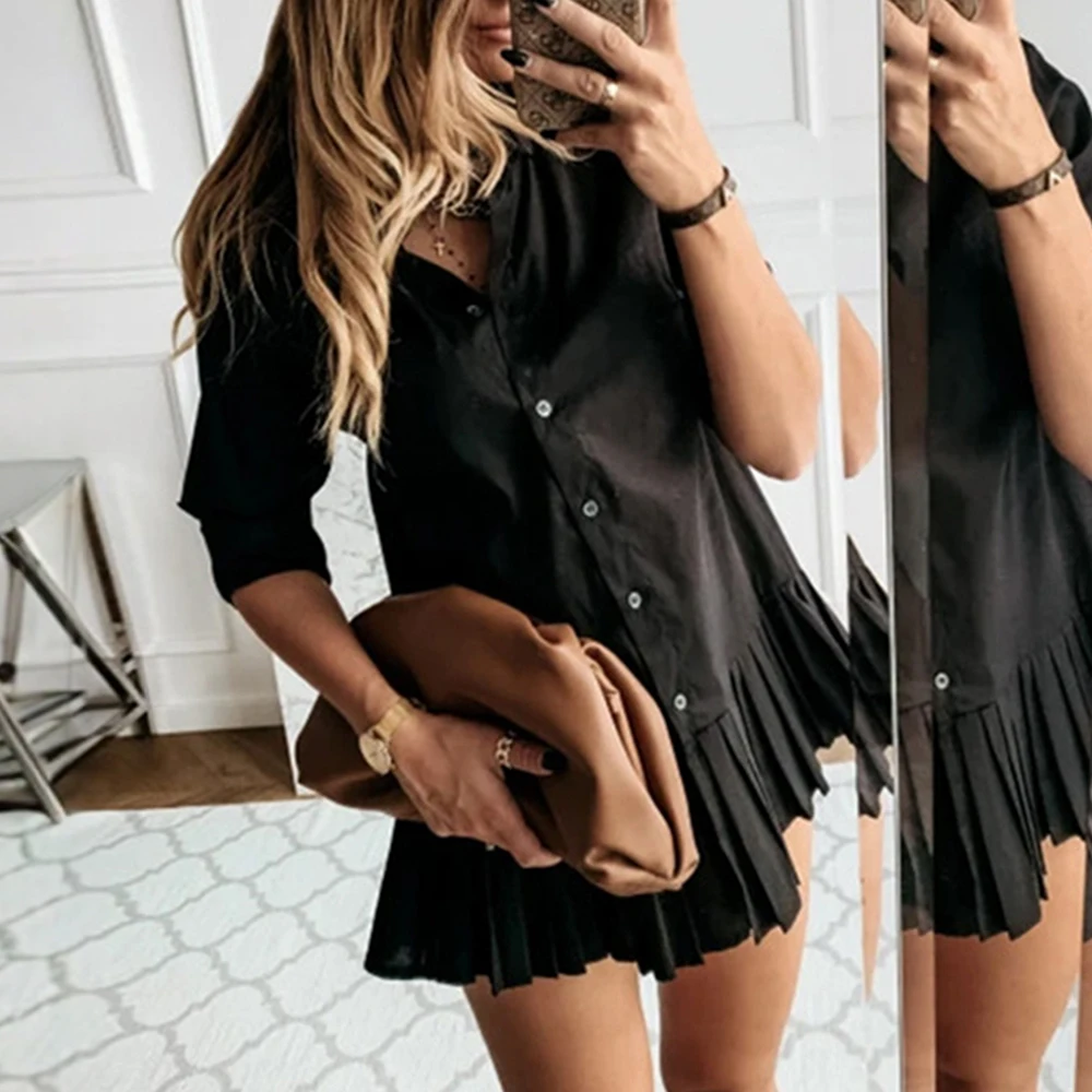 Women's Dresses 2025 All Season Korean Pleated Single Breasted Long Sleeve Shirt Collar Mini Shirt Daily Dresses