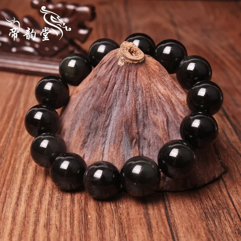 Obsidian Bracelet National Style Pure Black Men and Women Single Loop Pixiu Natural Crystal Beads Jewelry Buddha Rosary Health