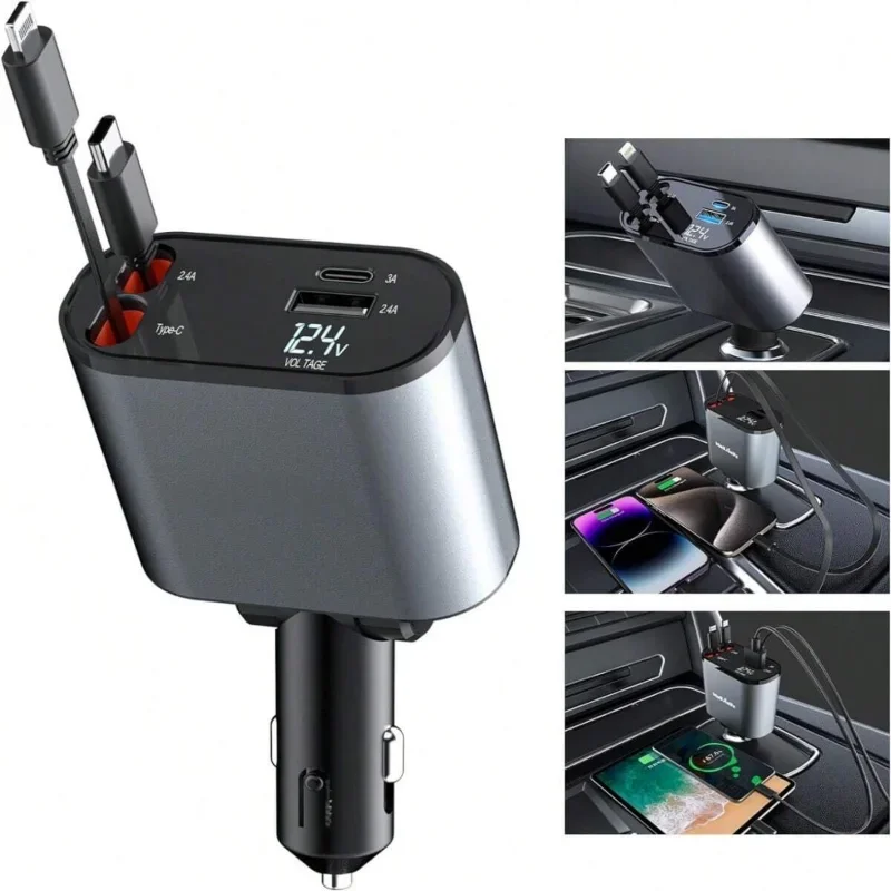 Retractable Car Charger 100W Fast Charge Retractable Cables And 2 USB Ports Car Charger Adapter Compatible With IPhone & Android