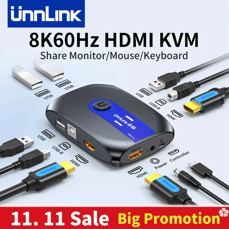 

Unnlink Hdmi KVM-переключатель 8K, 60 Гц, 4K, 120 Гц, видеокоммутатор с удлинителем, 2 ПК, 1 монитор, 4 USB для мыши, клавиатуры, принтера