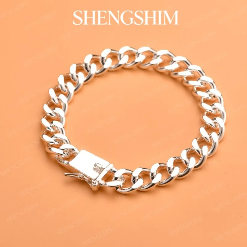SHENGSHIM 925 Sterling Silver Chunky Cuban Chain Bracelet Bangle For Men Women Fashion Jewelry Birthday Party Gift