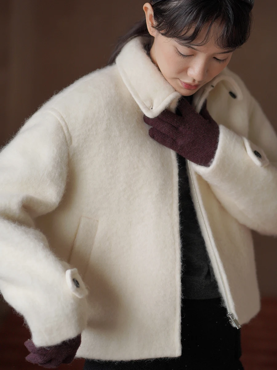 

Hacikis Miss Thiened Wool Cotton Flap Collar Loose Jaet Outerwear Women's Dry Velvet Feel Snowy Night Coat