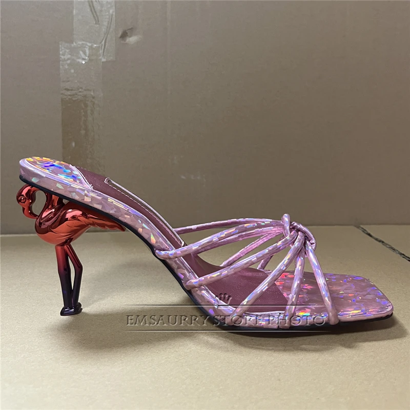 Gradient Color Flamingo Heel Sandals Women Sexy Laser Narrow Band Knot Slingbacks Summer Shoes For Girls