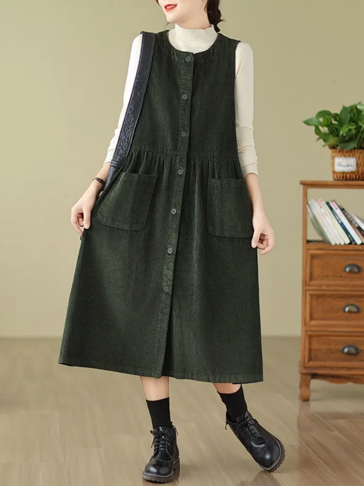 Spring New Fashion Women's Vintage Corduroy Dress Single Breasted Sleeveless Literary Art Female Office Solid Color A-line Frock