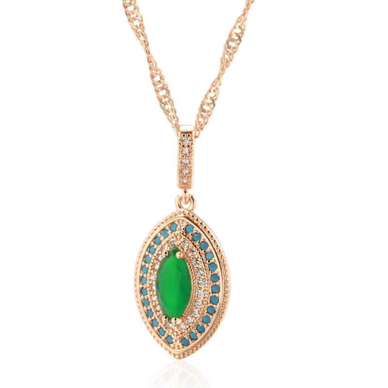 Kinel Hot 585 Rose Gold Color Long Pendant Necklace Women Fashion Green With Blue Natural Zircon Wedding Daily Vintage Jewelry