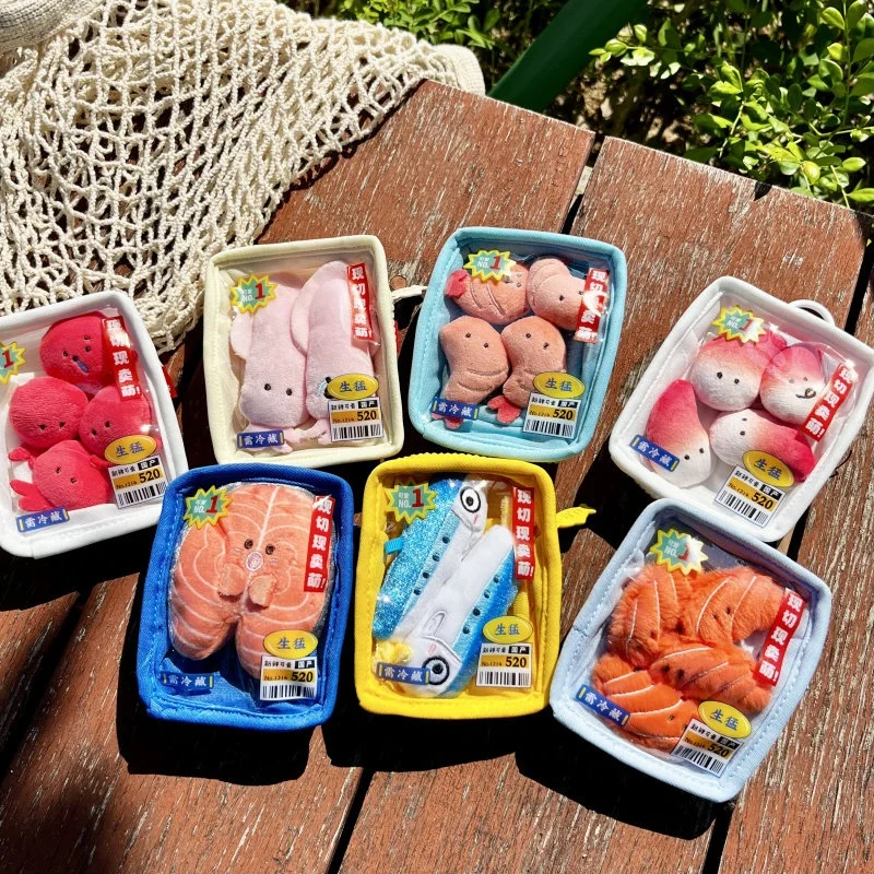 Salmon Seafood Platter Bag Pendant Fresh Shrimp Fish Fillets Seafood Sardine Plush Keychain Arctic Scallop Octopu Cute Doll Gift