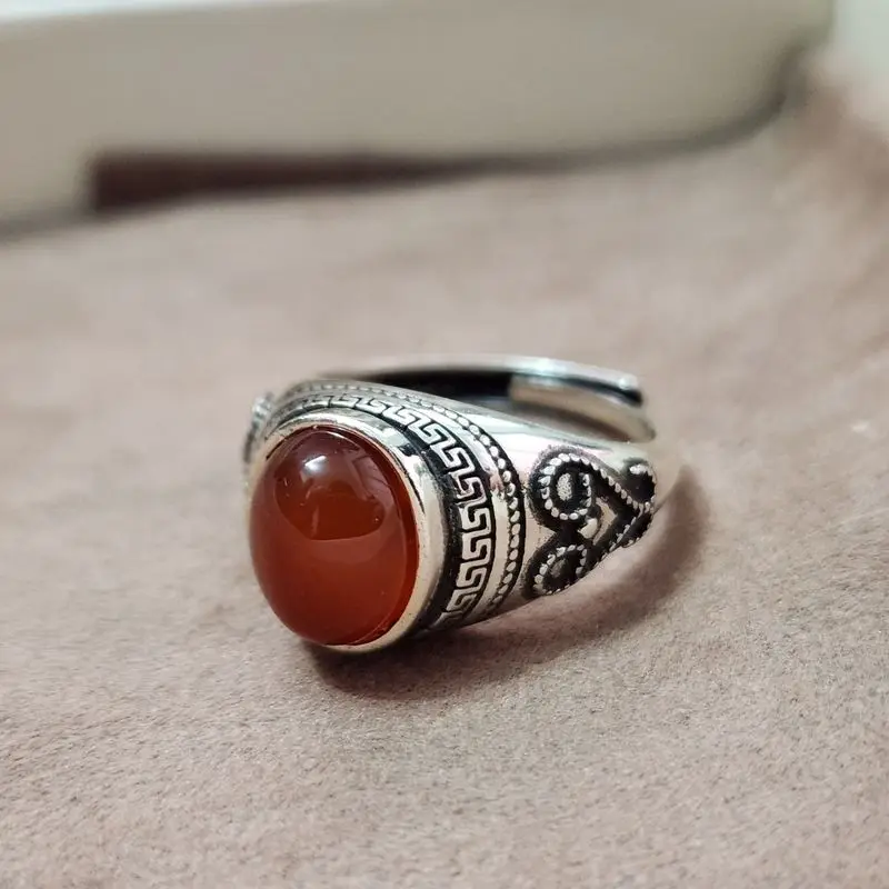 S925 Sterling Silver Hetian Jade And Red Agate Tibetan-Mongol Ethnic Style Ring With Vintage Meander Pattern