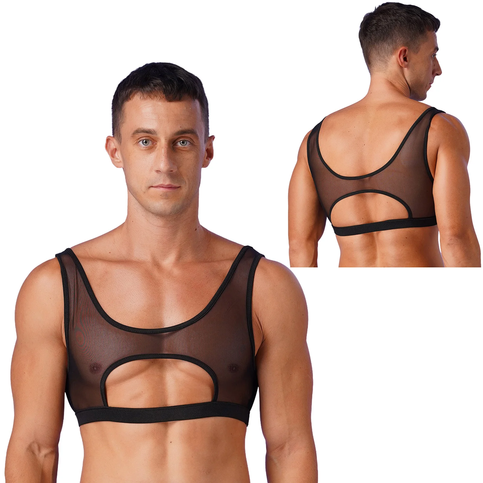 Sexy Man Transparent T-shirts Sheer Mesh Crop Tops Vest Tanks Sleeveless Sports Muscle Undershirt U Neck Vests Tee For Male