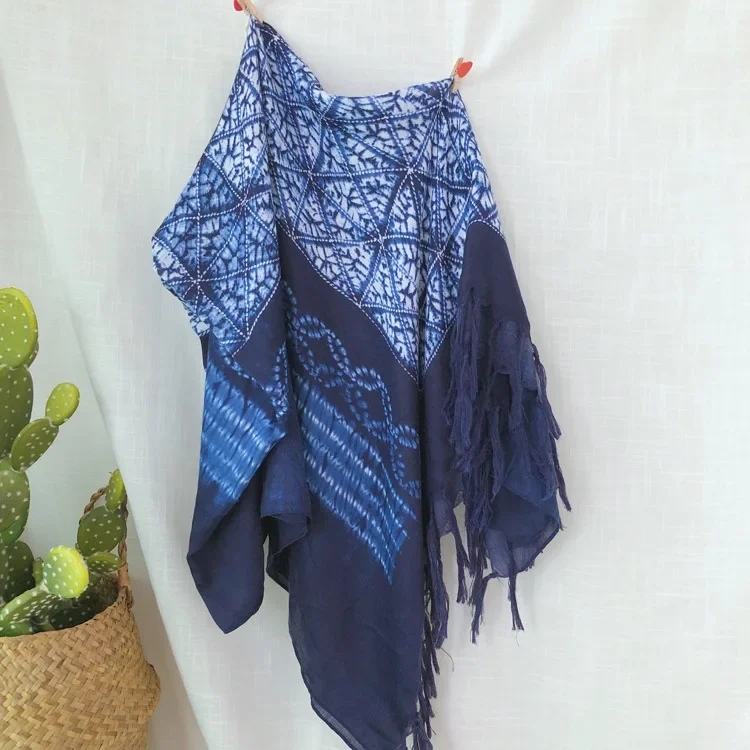 Casual New Beach Cover Up Pashmina Tassel Blue and white porcelain Kimono Swimwear Women Bathing Suit Beachwear saida de praia