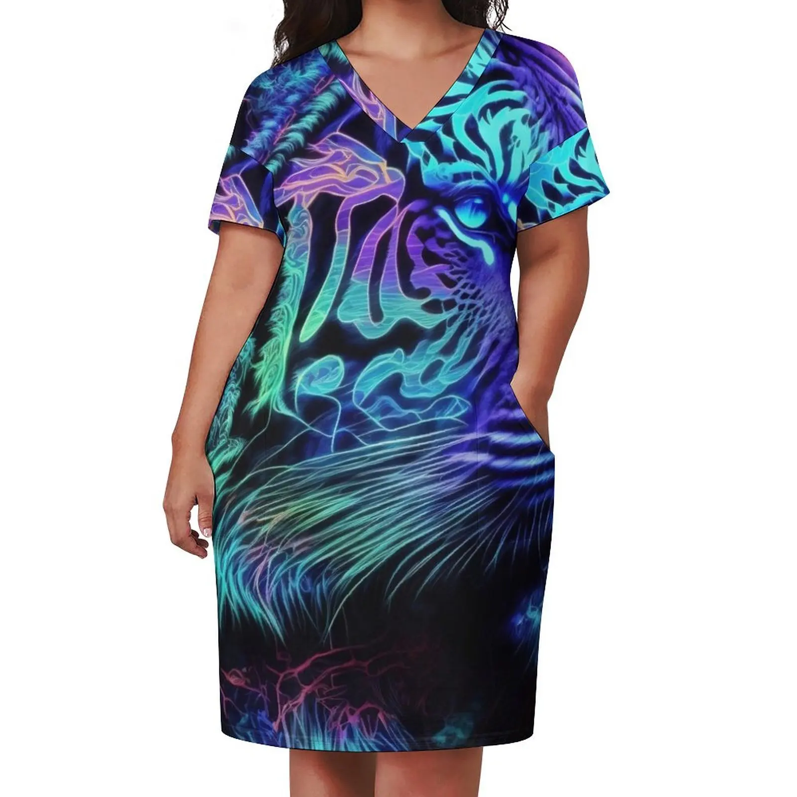 Fluorescent Tiger - Neon Glow Animal Art Loose Pocket Dress Women