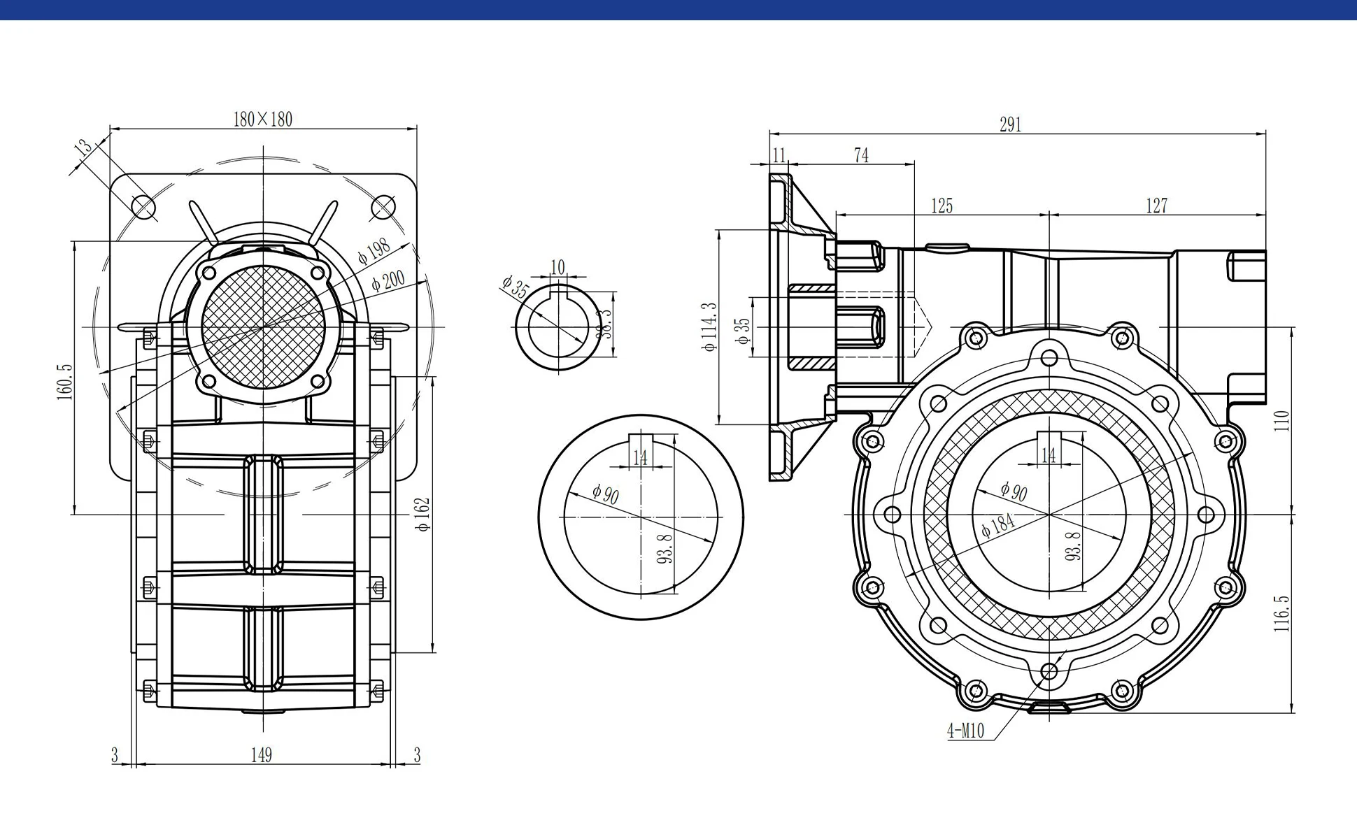 CHENYUE Worm Gearbox CYWF090 Gear Reducer  Input 19/24/28/38mm Flange80B5,90B5,100B5/132B5 Output 90mm Ratio 7.5:1-100:1