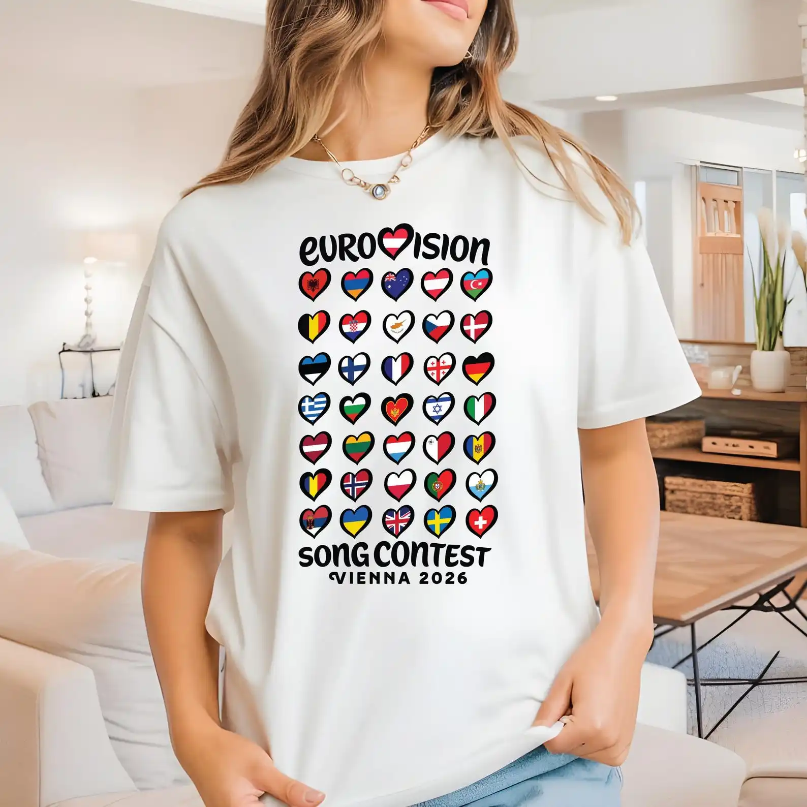 Unisex European Festival Streetwear Cotton T Shirt Eurovision 2026 United by Music Eurovision Song Contest Flags Print Tee
