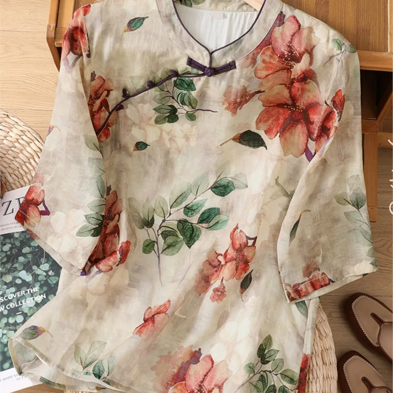 

Women's Cotton and Linen Shirt, Chinese-Style Printed Stand Collar Short Sleeve Shirt Top