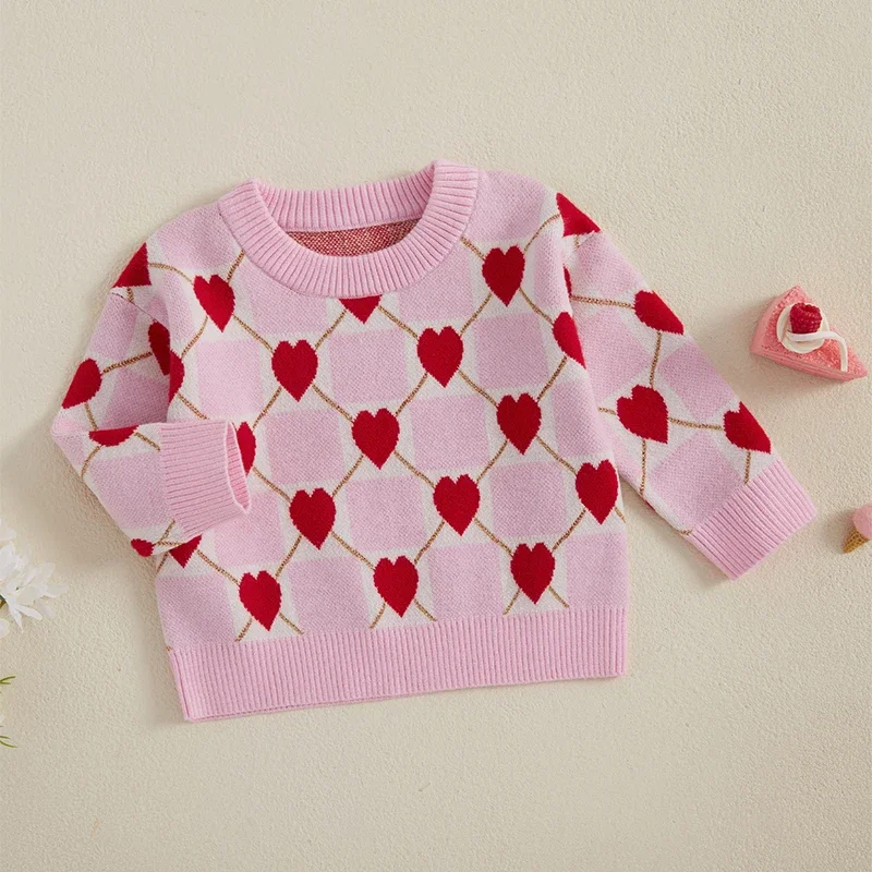 Tregren Baby Sweater Autumn Winter Cute Heart Checkerboard Valentine Print Warm Knit Sweater Toddler Girls Pullover Sweaters